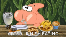 patrick star from spongebob squarepants is sitting at a table with plates of food .