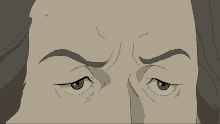 a close up of a cartoon character 's eyes with a surprised look on his face