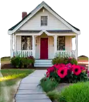 a small white house with a red door