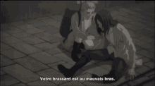 a man is laying on the ground with the words " votre brassard est au mauvais bras " below him