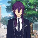 a man with purple hair wearing a suit and tie with his eyes closed