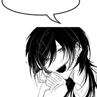 a black and white drawing of a girl with long hair and a speech bubble above her head