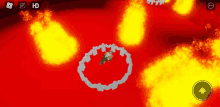 a screenshot of a video game shows a person in a circle surrounded by flames