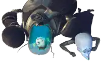 a cartoon character with a fish in a tank and a man with a big head