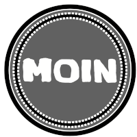 a black and white circle with the word moin in white letters