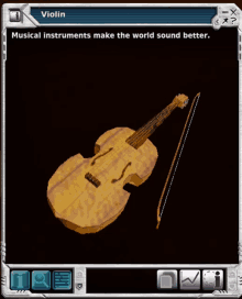 a video game screen shows a violin with a bow and the words musical instruments make the world sound better