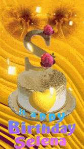 a birthday cake with the letter s on top and the words happy birthday selena below it