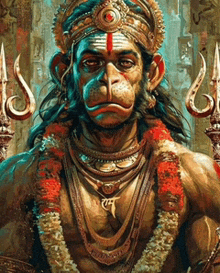 a painting of a monkey with a trident and a necklace that says ram