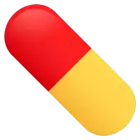 a red and yellow capsule is against a white background