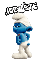 a smurf with a tattoo on his arm is standing in front of a sign that says jcl este