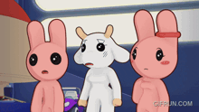 three cartoon rabbits are standing next to each other and the website gifrun.com is visible in the corner