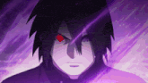 a close up of a person 's face with a purple background and red eyes .