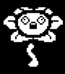 a black and white pixel art drawing of a flower with a surprised face .