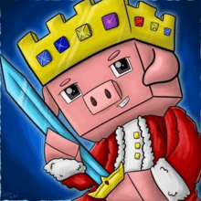 a pig wearing a crown and holding a sword .