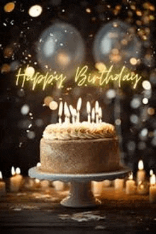 a birthday cake with candles and balloons is on a cake stand .