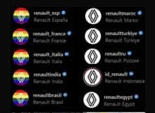 a row of renault logos with rainbow colored circles on a black background