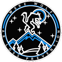 a logo for werewolf loss prevention shows a wolf holding a crescent moon