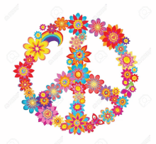 a peace sign made out of colorful flowers with a rainbow in the middle