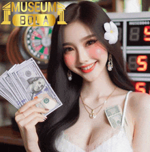 a woman is holding a bunch of money in front of a museum bola logo