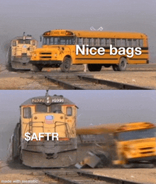 a picture of a school bus next to a train that says nice bags on it