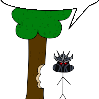 a stick figure is standing next to a tree with a speech bubble