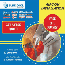 an advertisement for sure cool aircon installation with a free site survey