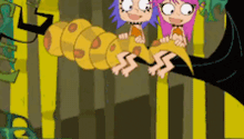 a cartoon of two girls sitting on a snake