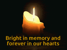 a burning candle with the words bright in memory and forever in our hearts below it