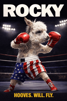 a poster for rocky shows a donkey wearing boxing shorts and gloves