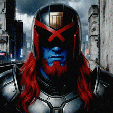 a man with long red hair and a blue beard is wearing a helmet with a red x on it