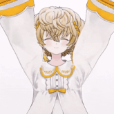 a girl in a white dress with a yellow bow on the collar has her arms in the air