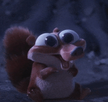 a cartoon squirrel with big eyes is sitting on a rock in the dark .