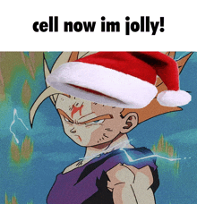 a cartoon character wearing a santa hat with the words cell now im jolly below him