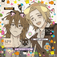 a picture of two anime characters with a sign that says " there are no ordinary cats " on it