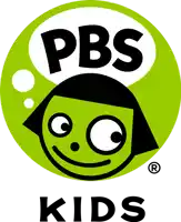 a logo for pbs kids with a green face and bubbles