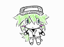 a drawing of a person with green hair wearing a hat and a necklace .
