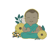 a drawing of a baby buddha surrounded by flowers and leaves with the name dimple on the bottom