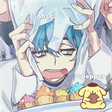 a drawing of a boy with blue hair and the words ohse and pepper above him