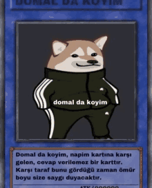 a cartoon dog wearing a black jacket with the words domal da koyim on it