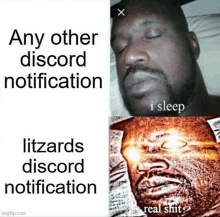 a man with a beard is sleeping next to a meme that says any other discord notification