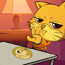 a cartoon cat is pointing at a doge on a table