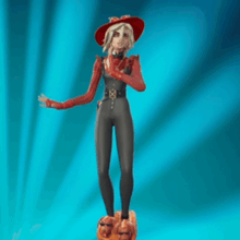 a cartoon character is standing on one leg with a cat on her back .