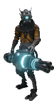 a robot is holding a large cannon that is glowing blue