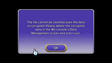 a purple screen with a message that the file cannot be used because the data is corrupted