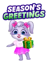 a cartoon bunny holding a green gift box with the words season 's greetings behind it