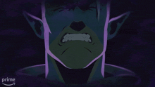 a close up of a cartoon character 's face with glowing green eyes and the word prime on the bottom