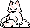 a pixel art drawing of a white cat with pink stripes sitting on a table .