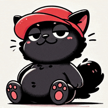 a black cat wearing a red hat looks tired