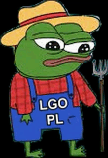 a cartoon frog wearing overalls and a straw hat with the words lgo pl on his pants