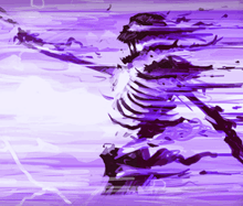 a purple and white painting of a skeleton with a white background